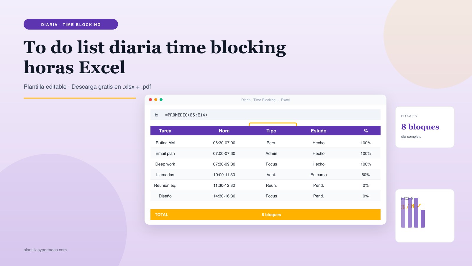 Plantilla To-do list · diaria con time-blocking en Excel