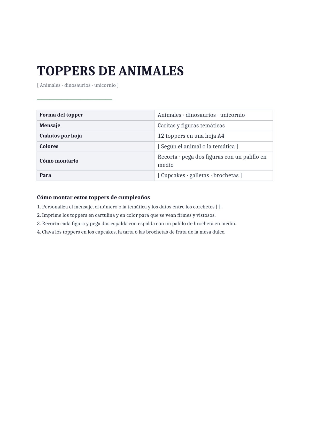 Plantilla Toppers temáticos de animales