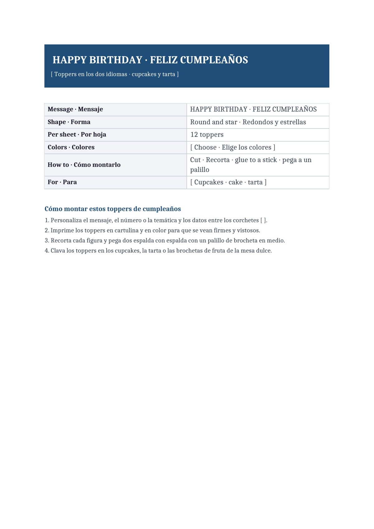 Plantilla Toppers de cumpleaños bilingüe (ES + EN)