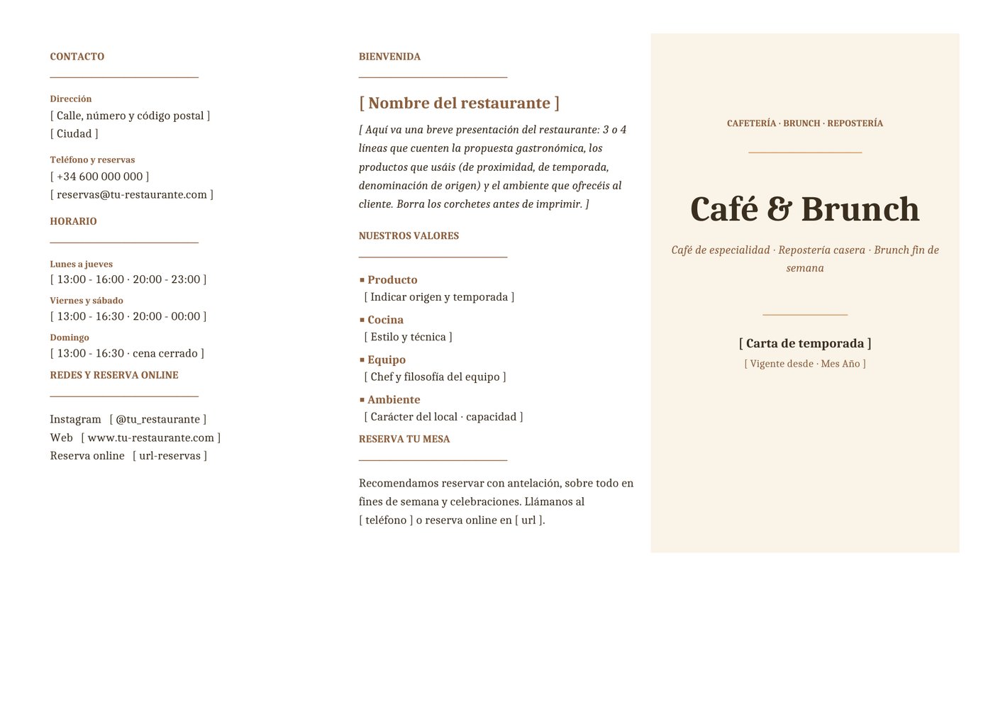 Plantilla Tríptico para cafetería y brunch