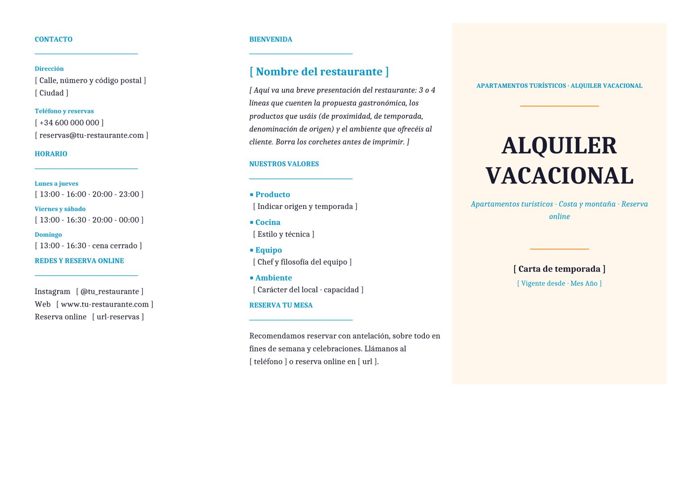 Plantilla Tríptico para alquiler vacacional