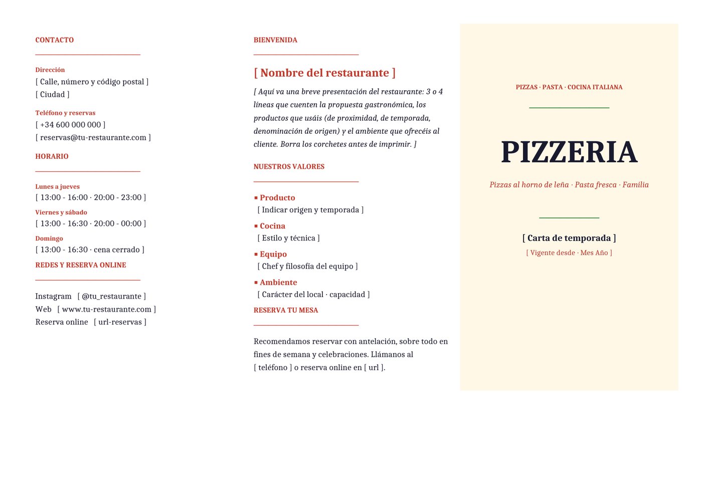 Plantilla Tríptico para pizzería