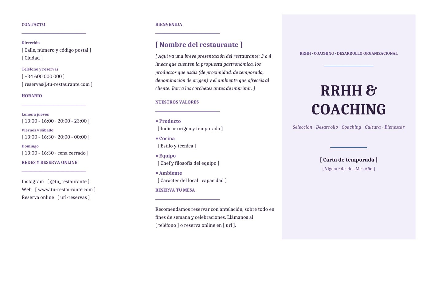 Plantilla Tríptico para consultora de RRHH y coaching