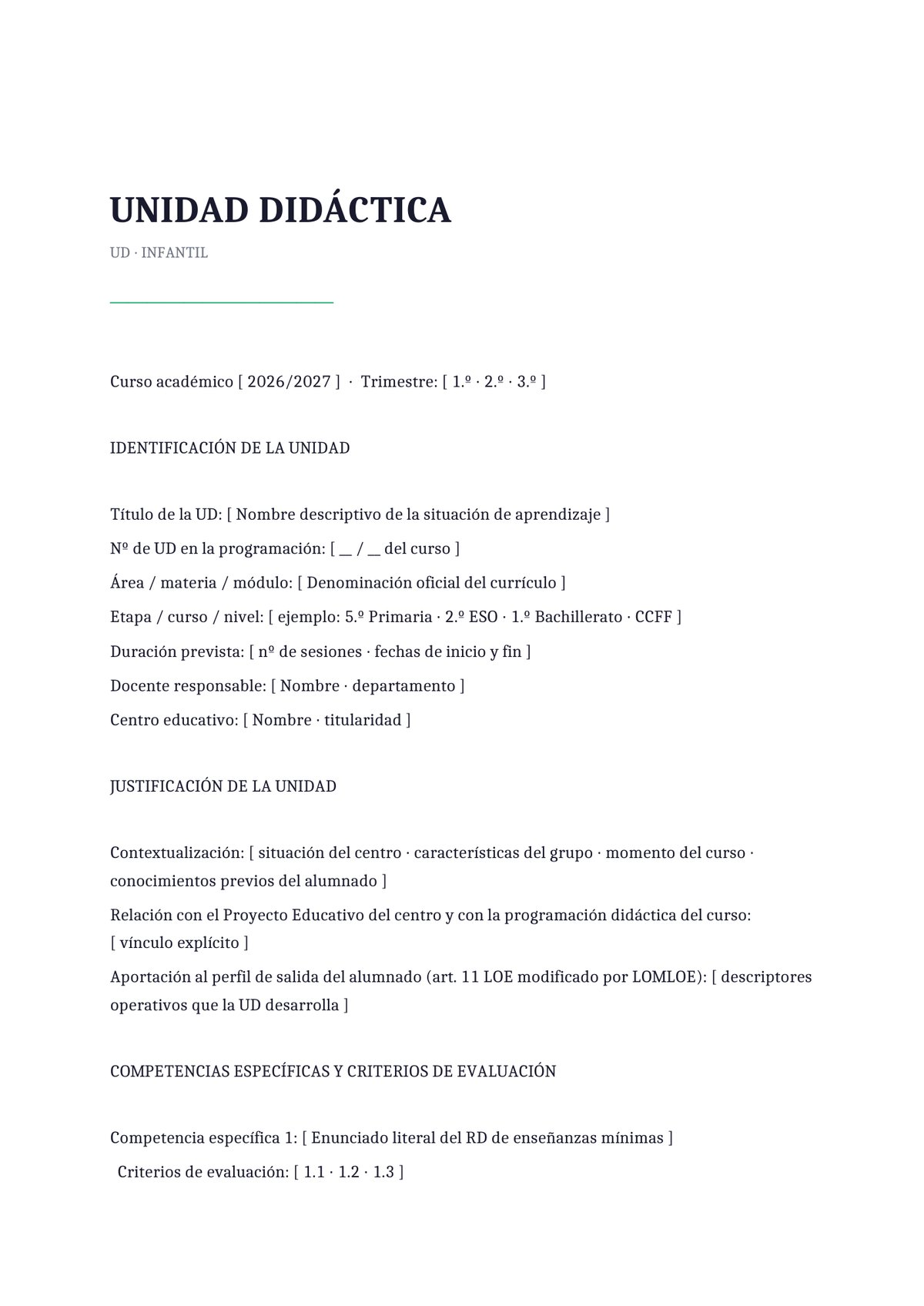 Plantilla Unidad didáctica de Educación Infantil